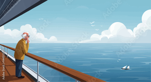 Elderly man pondering on balcony overlooking the sea - Vector illustration  