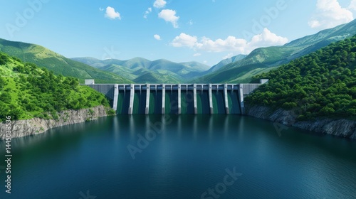 Beautiful scenic view of a large dam with multiple spillways and water releasing into a deep reservoir surrounded by lush green mountains on a bright sunny day