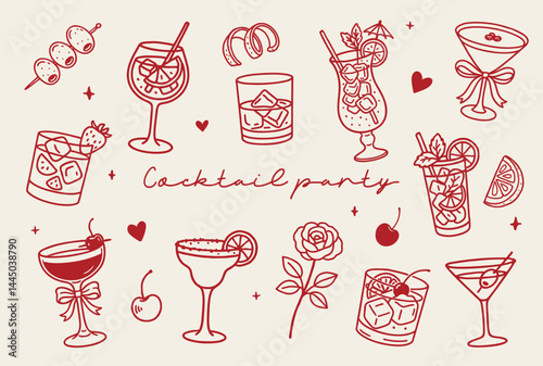 Hand-drawn cocktail party clipart set – trendy outline illustrations of summer drinks, glasses, fruit and party elements in doodle style