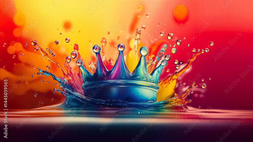 A multicolored crown is immersed in a dynamic splash of liquid, showcasing a burst of vibrant hues.