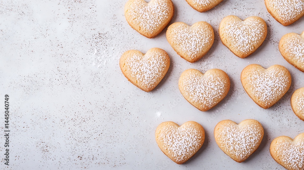 Heart-shaped cookies dusted with powdered sugar arranged on a light, textured background. Heart-shaped cookies dusted with powdered sugar arranged on a light, textured background.