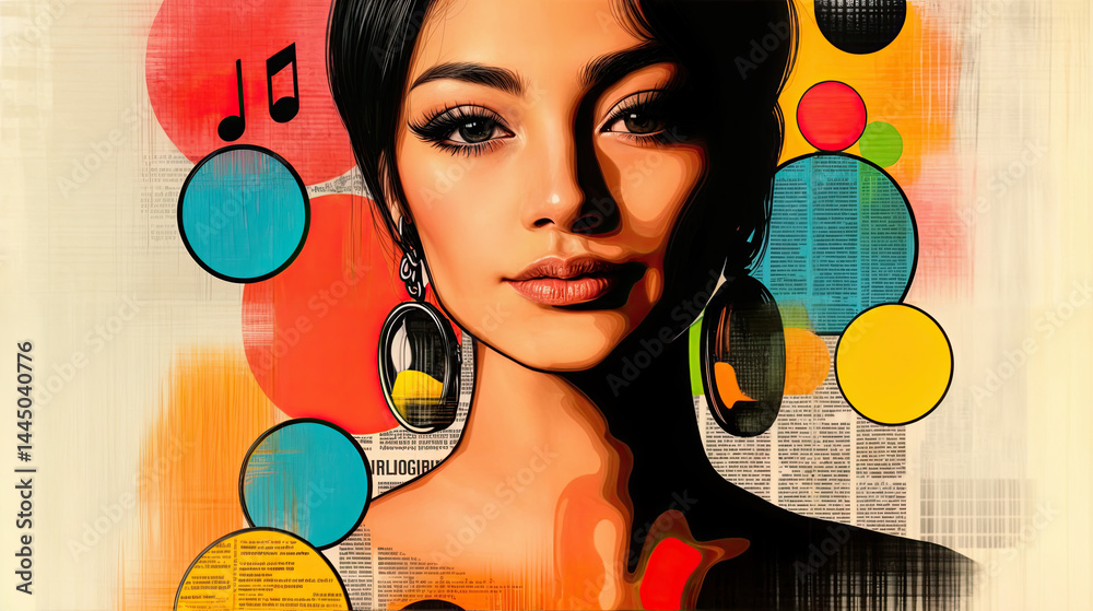 A stylized female figure, with expressive features and large earrings, set against a backdrop of newspaper clippings and vibrant circles.
