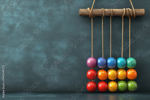 Colorful balls hanging on strings against a dark teal background.