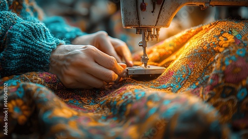 Close-up of hands working on a sewing machine with colorful fabric