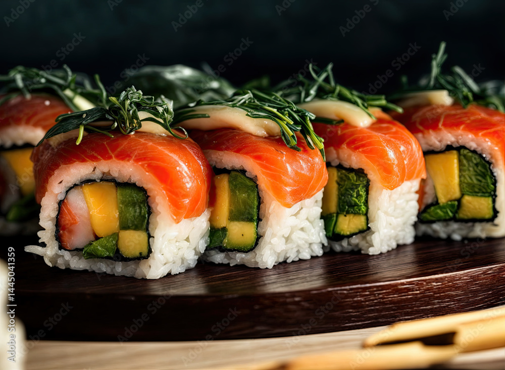 Fresh salmon sushi rolls, showcasing vibrant colors and textures.