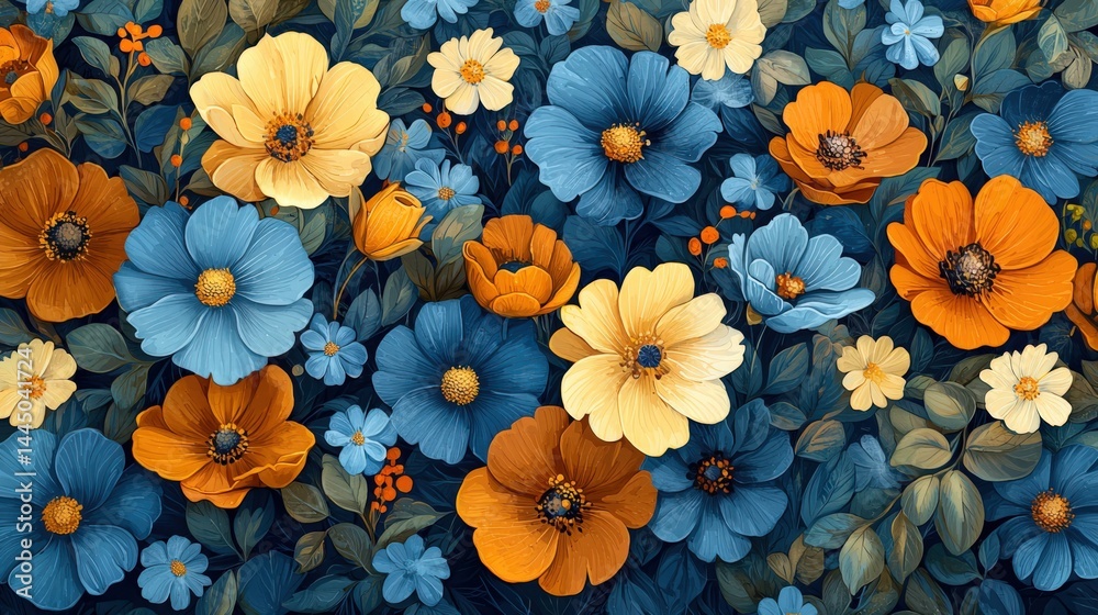 Fototapeta premium Retro groovy floral pattern in blue, mustard and orange tones styled as vintage boho wallpaper, featuring bold 70s-inspired botanical elements for interior, fabric or graphic design use.