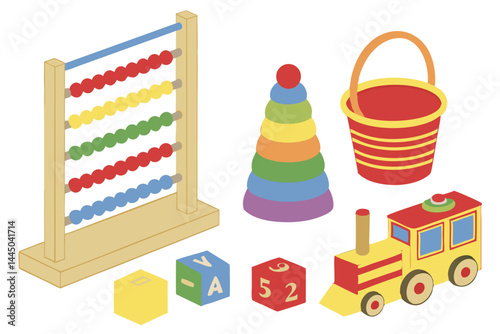 39 Colorful children's toys, wooden educational toys, abacus, stacking blocks, rainbow train, sorting shapes, beach bucket, developmental playthings, vibrant colors, playroom essentials, Montessori-in