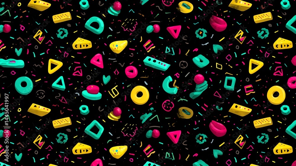 Naklejka premium A vibrant Memphis-style geometric pattern in bold colors, blending retro and modern vibes. Perfect for prints, wallpapers, and trendy designs. Seamless & eye-catching