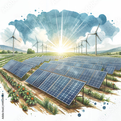 Sources of alternative energy. Illustration of solar panels and windmills in watercolor style. Solar and wind power stations. Eco energy