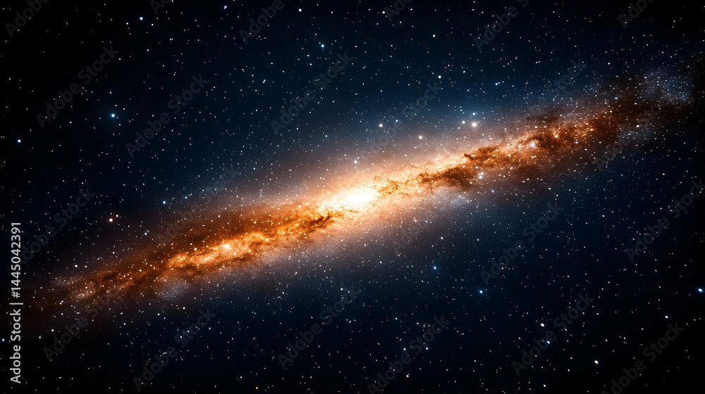 Vibrant orange galaxy core with swirling cosmic dust and distant Vibrant orange galaxy core with swirling cosmic dust and distant