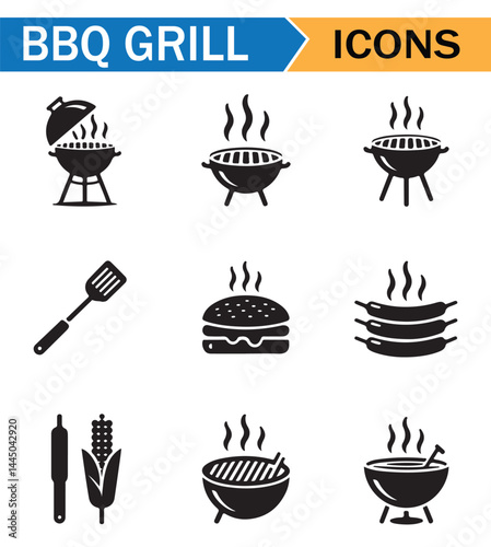 Silhouette of Grilling and BBQ Equipment Icons for Food Design