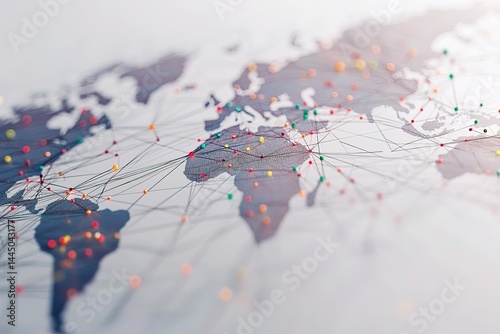Connected World Map with Pins and Network Lines, White Background, Global Connections