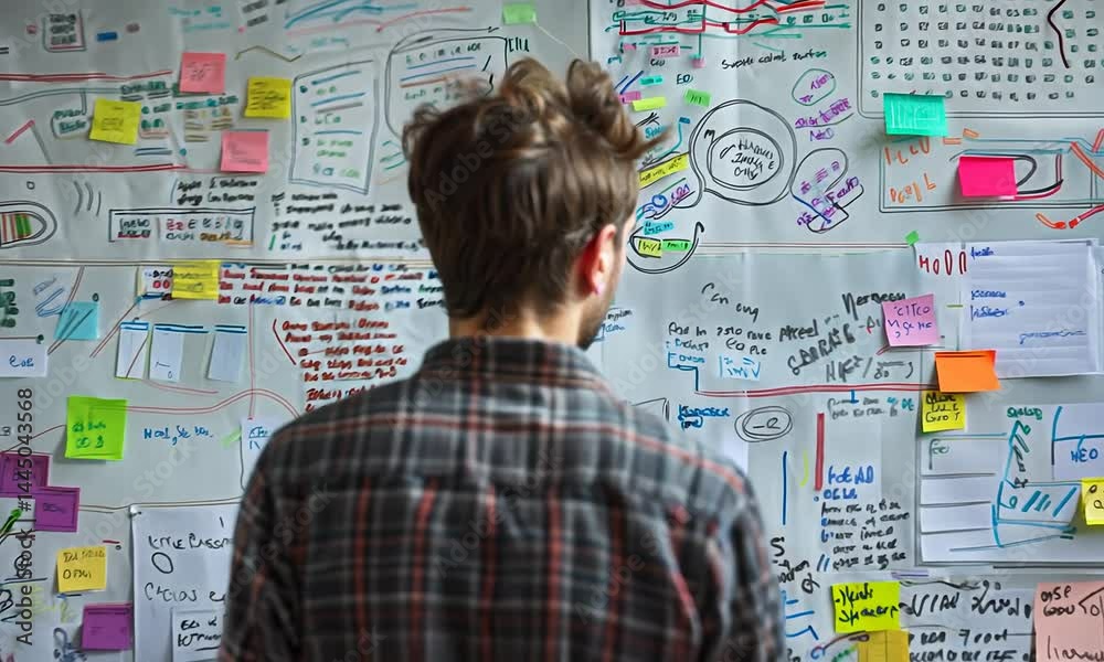 A person stands with their back facing a wall covered in various notes and diagrams, suggesting brainstorming or project planning. A person stands with their back facing a wall covered in various notes and diagrams, suggesting brainstorming or project planning.