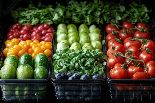 Obraz na płótnie Colorful fresh vegetables neatly arranged in black containers. w salonie