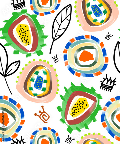 Colored abstract seamless background with lines or spots, leaves on white. Design of fabric, wallpaper or accessories. Vector.