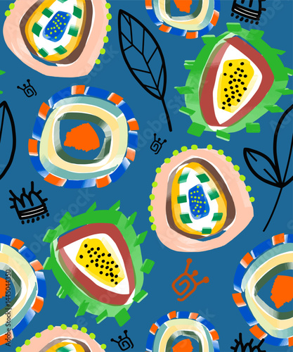 Abstract seamless color pattern with lines or spots, leaves on a colored background. Design of fabric, wallpaper or accessories. Vector.