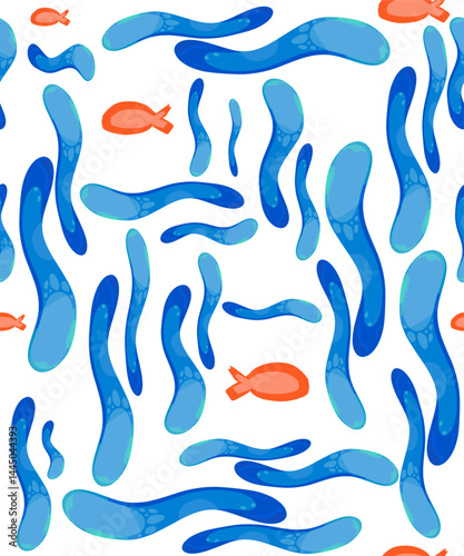 Abstract color seamless background or texture with lines and curves. Stylized sea waves and fish in blue and terracotta colors.