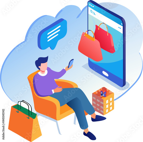 Man Shopping Online Using Smartphone with Giant Screen and Floating Bags