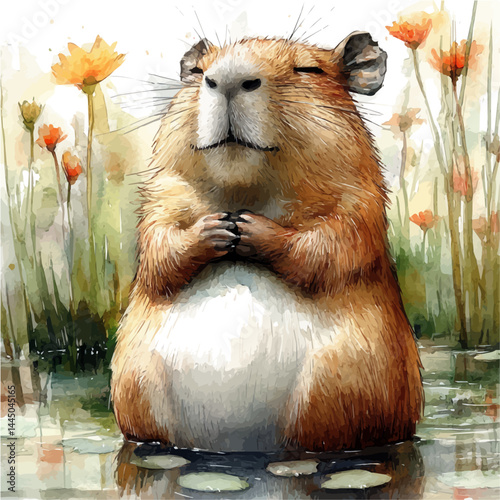 Capybara Relaxing In, watercolor vector, isolated on a white background.