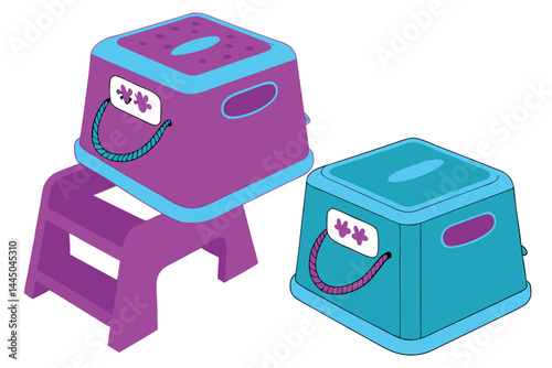 41 Colorful plastic step stools, vibrant purple and blue, children's bathroom accessories, non-slip surface, sturdy design, toddler assistance, bright colors, safety features, household items, compact