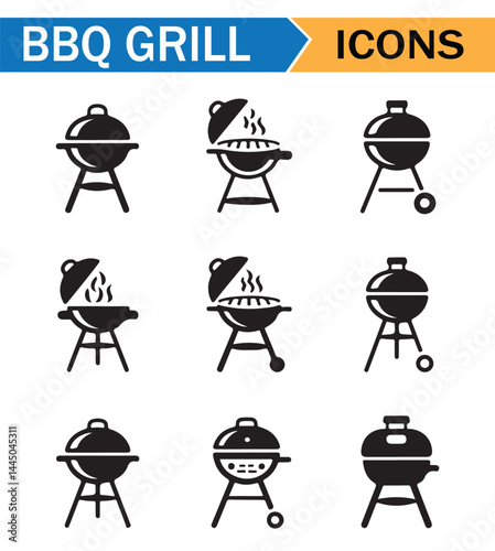 Silhouette of Black Grill and BBQ Icons for Kitchen and Cooking