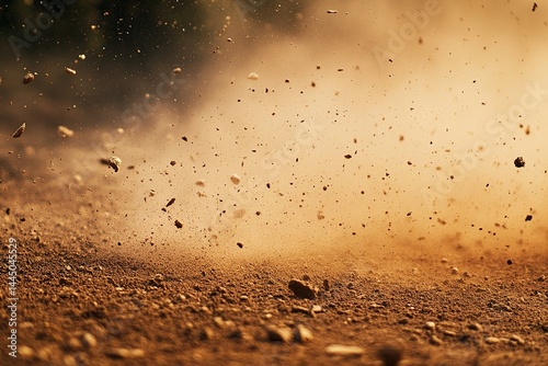 Action Shot of Flying Dirt and Debris in the Air Brown Tones, Dynamic Motion