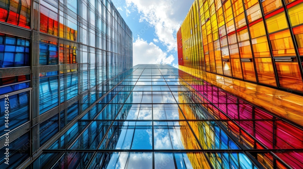 Colorful modern glass buildings reflecting sky.