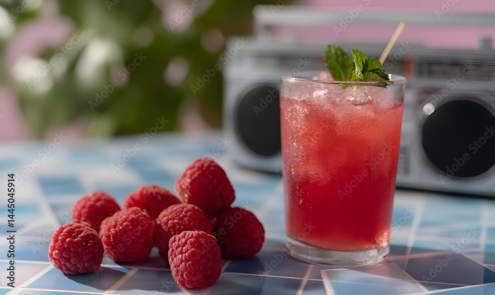 A refreshing raspberry juice with a retro 80s vibe, Generative AI A refreshing raspberry juice with a retro 80s vibe, Generative AI