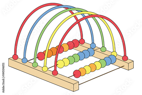 42 Colorful abacus toy, rainbow arches, wooden base, educational counting tool, vibrant plastic beads, ascending size, mathematical learning aid, preschool manipulative, geometric shapes, bright prima
