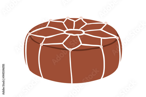 Moroccan pouf, traditional furniture. Round stuffed ottoman seat, leather footrest, embroidered maroc design. Bereber footstool, interior poof. Flat vector illustration isolated on white background