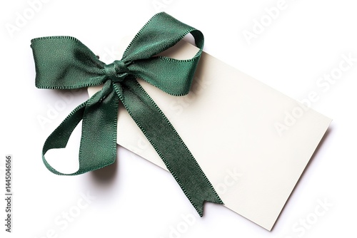 Blank White Card With Dark Green Ribbon Bow On White Backdrop For Adding Message