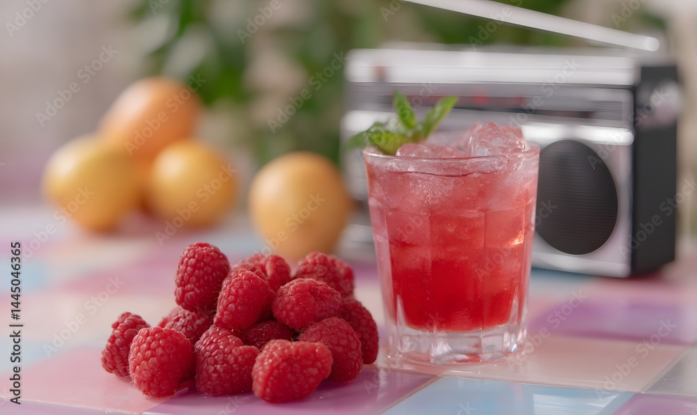 A refreshing raspberry juice with a retro 80s vibe, Generative AI A refreshing raspberry juice with a retro 80s vibe, Generative AI