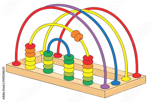 42 Colorful abacus toy, rainbow arches, wooden base, educational counting tool, vibrant plastic beads, ascending size, mathematical learning aid, preschool manipulative, geometric shapes, bright prima