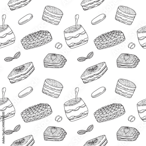 Tiramisu seamless pattern, hand-drawn vector illustration