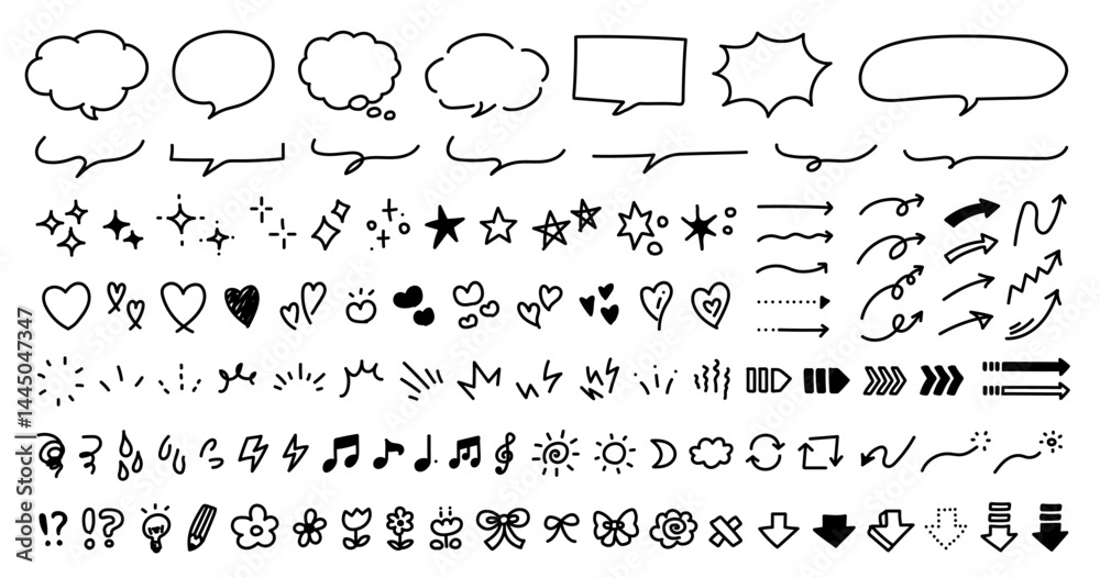 custom made wallpaper toronto digital手描きの装飾セット。かわいい線画。ふきだし、矢印、星、ハートなど。ペンで描いた感情のアイコン。