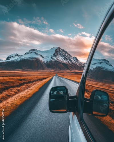 Breathtaking Iceland Road Trip Scenic Vista from Car Window at Sunset Snow Capped Mountain Majestic Landscape Adventure