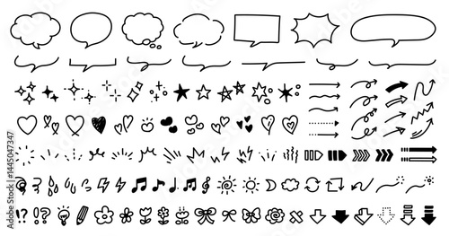 手描きの装飾セット。かわいい線画。ふきだし、矢印、星、ハートなど。ペンで描いた感情のアイコン。