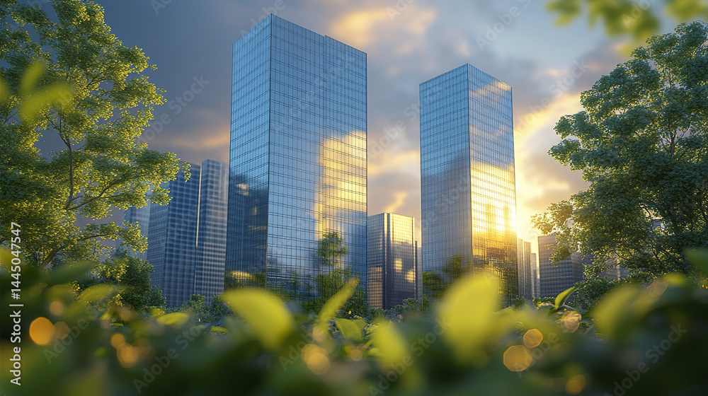 Obraz premium Modern office towers reflect sunlight amidst lush greenery, creating serene urban landscape