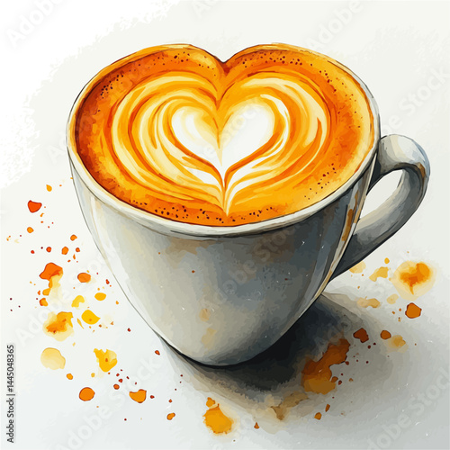 Cappuccino With A Heart-shaped Foam Art, watercolor vector, isolated on a white background.
