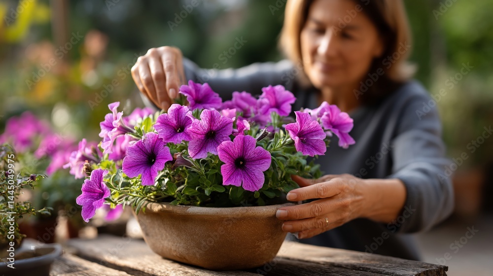 Woman tending vibrant purple flowers in garden Woman tending vibrant purple flowers in garden