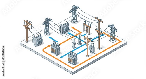 Electrical grid transmission and distribution system illustration showcasing power flow and infrastructure network for energy supply