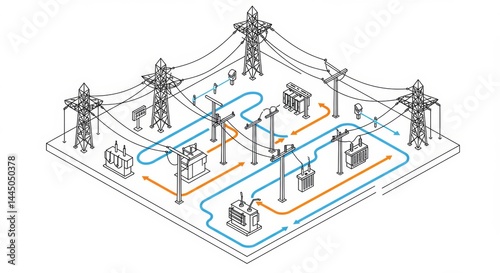 Isometric power grid illustration showcasing electricity transmission and distribution process with transformers and power lines