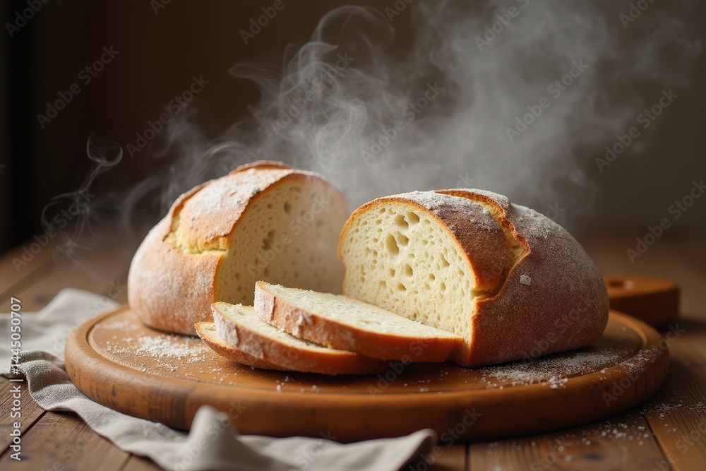 Freshly baked artisan bread with steam rising