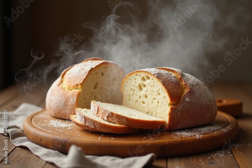 Obraz na płótnie Freshly baked artisan bread with steam rising w salonie