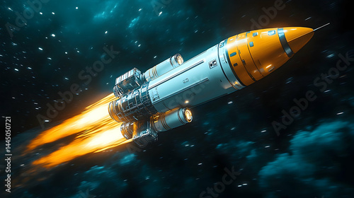 Futuristic Spaceship Blazing Through Teal Nebula
