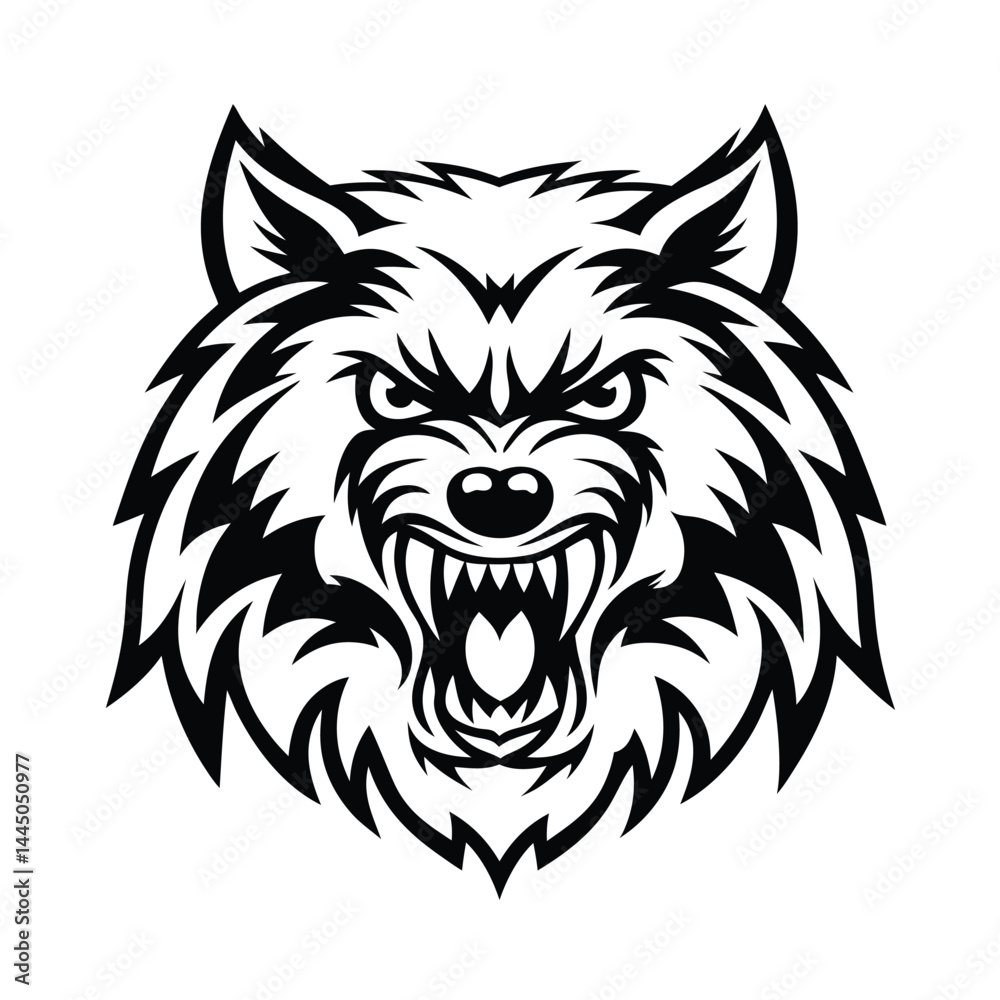 Obraz premium Angry Wolf Head Logo in Black and White, Showing Aggression, Sharp Features, Detailed Fur