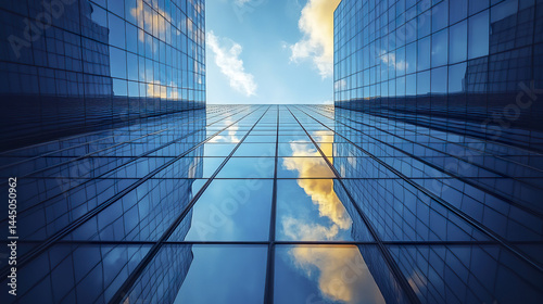 Modern glass skyscrapers reflecting clouds and sky create stunning urban view