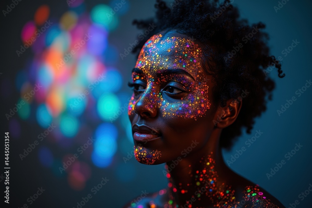 Portrait of woman with vibrant holographic body art