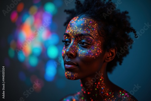 Obraz na płótnie Portrait of woman with vibrant holographic body art w salonie