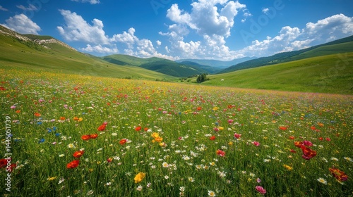 Colorful wildflowers bloom in mountain valley, sunny day